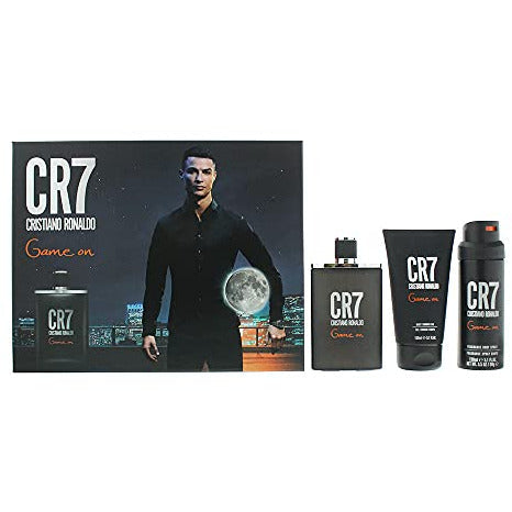 CR7 Game On Gift Set featuring 100ml EDT Spray, 150ml Shower Gel, and 150ml Body Spray in elegant packaging.